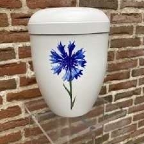 Hvid urne med motiv af blå blomst